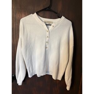 Loft Womens White 100% Cotton Ribbed Henley Sweater Long Sleeve Size M